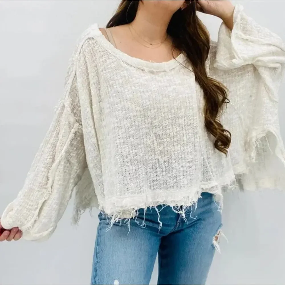 Free People white thin sheer knit raw hem oversized top
